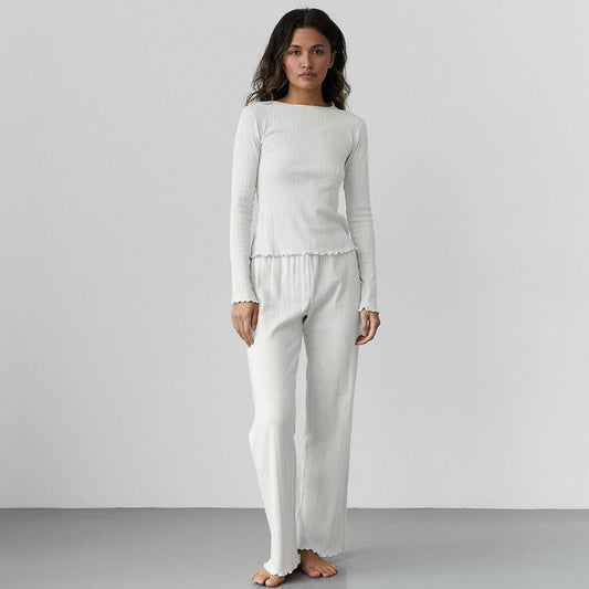 Spring White Knitted Sunken Stripe Pajamas Two Piece Sets Casual Comfortable Long Sleeved Trousers Women Homewear