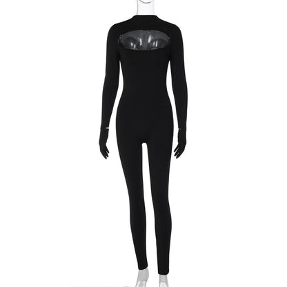 Women Clothing Autumn Sexy Cutout Finger Stall Slim Solid Color Jumpsuit