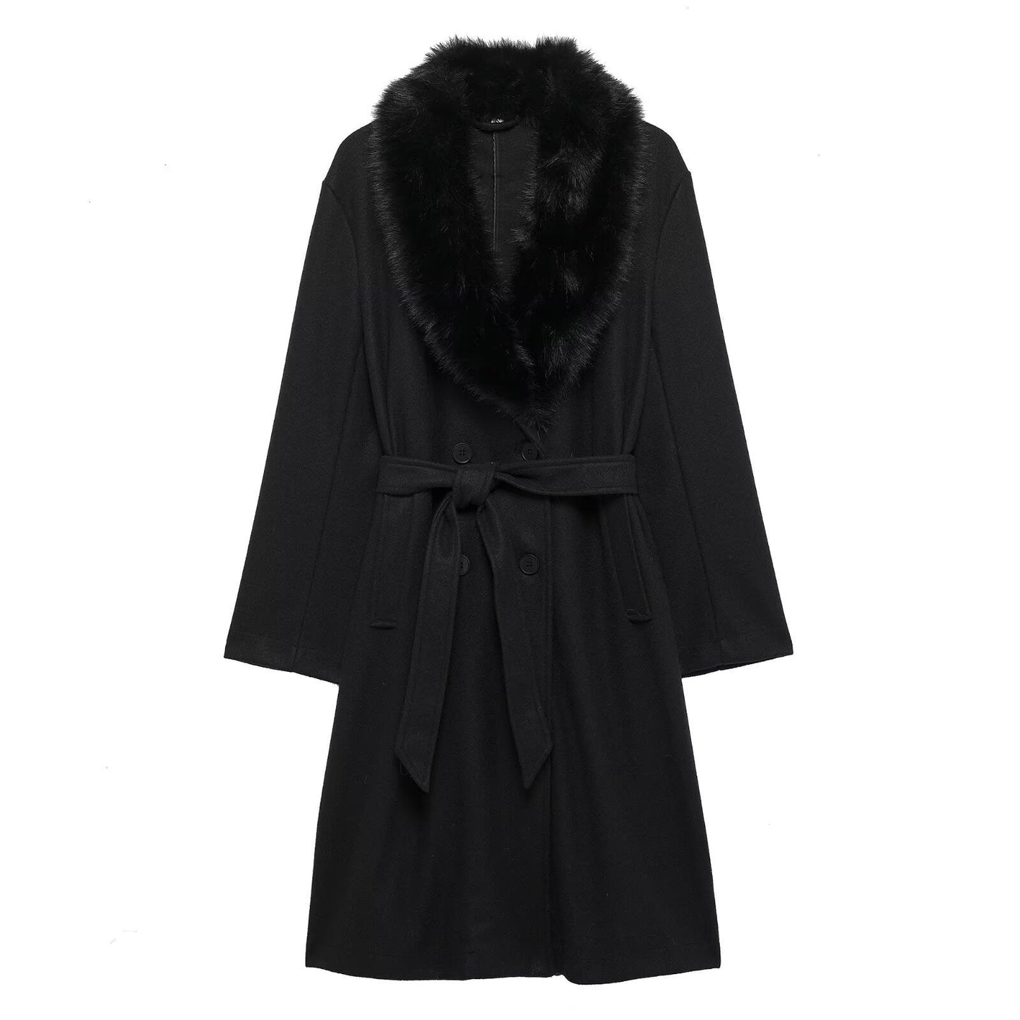 Women Clothing Artificial Fur with Belt Collared Coat Jacket