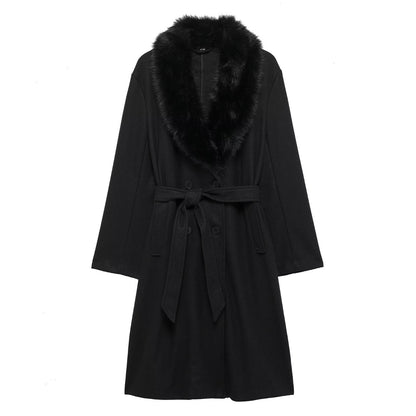 Women Clothing Artificial Fur with Belt Collared Coat Jacket