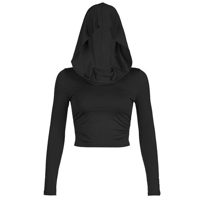 T-shirt court plissé à manches longues et couleur unie pour femme, haut à capuche et imprimé dune, collection automne-hiver