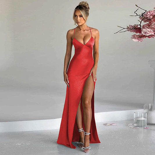 Frauen tragen Winter Sexy V-Ausschnitt Rückenfreies Selbstbinden Schlitzkleid
