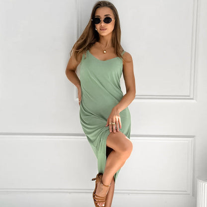 Summer Pajamas Women Soft Brushed Knitted Suspenders Maxi Dress Home Wear