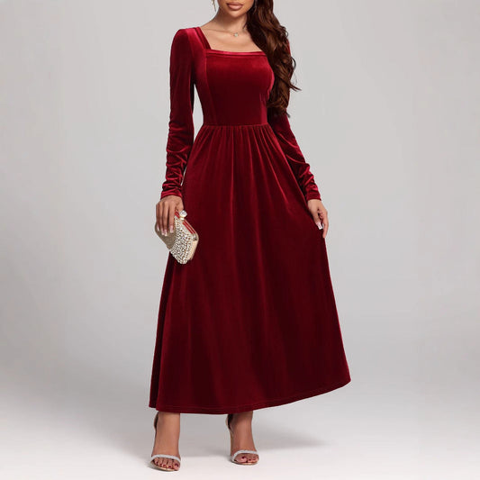 Herbst Winter Rotes Abend Maxikleid Pleuche Kleid