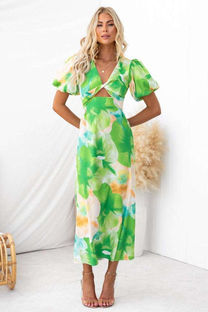 Jahr Blase Ärmel Maxi Kleid Sexy Print V ausschnitt Aushöhlen Cutout Frauen Kleidung