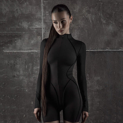 Women Clothing Spring Autumn Long Sleeve Reverse Car Split Zipped round Neck Casual Sports Jumpsuit Shorts