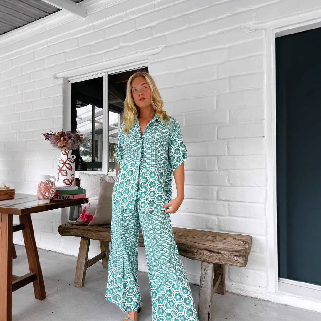 Women Printing Stitching Casual Shirt Two Piece Pant Set