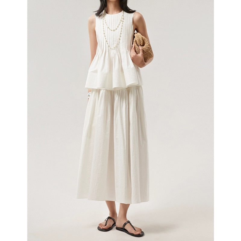 Woolen Cotton Tucker Pleats Sleeveless Bud Top Mid-length Dress Set