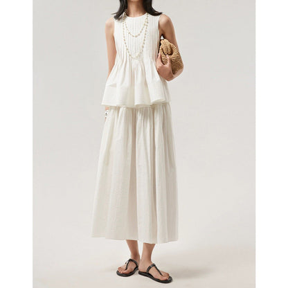 Woolen Cotton Tucker Pleats Sleeveless Bud Top Mid-length Dress Set