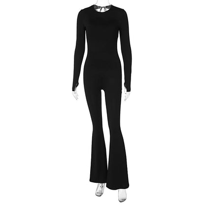 Women Clothing Winter Sexy Backless Lace Up Solid Color Slim Fit Long Sleeves Jumpsuit