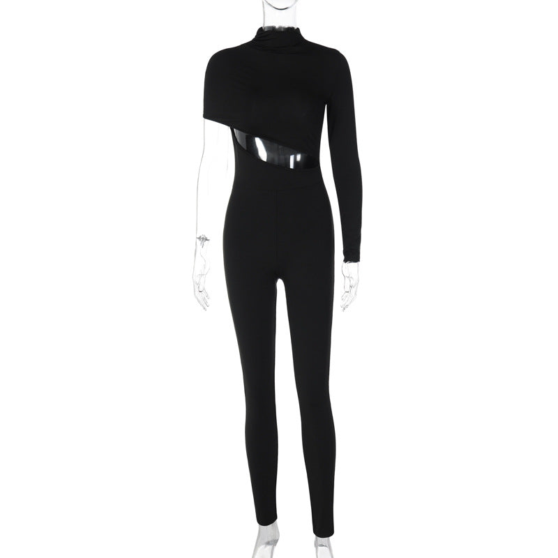 Women Clothing Autumn Sexy Personalized High Elastic Shoulder Long Sleeve Jumpsuit