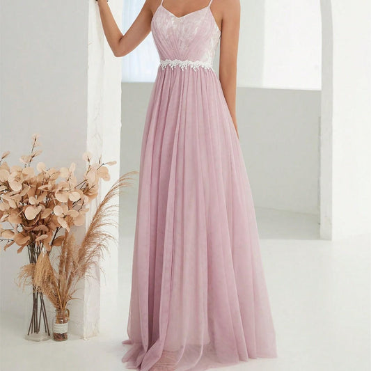 Frauen Straps Abendkleid Mesh Kreuzfalte Spitze Kontrastfarbe Maxikleid Sommer