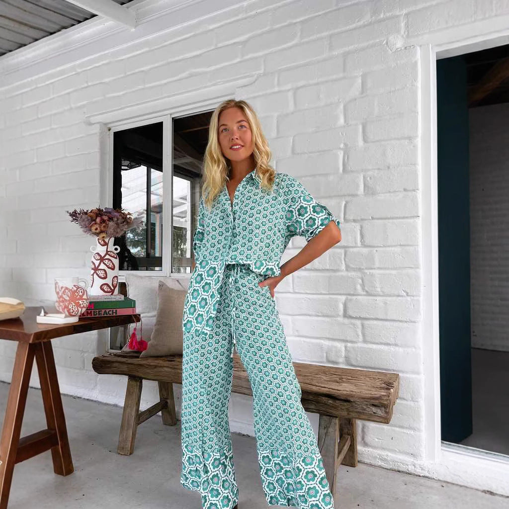 Women Printing Stitching Casual Shirt Two Piece Pant Set