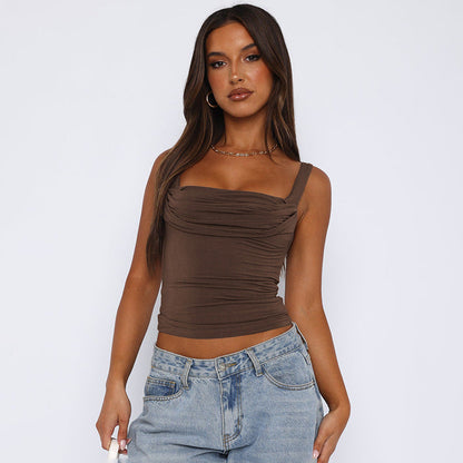 Women Sling Pleated Slim Solid Color Vest Sexy Street Top