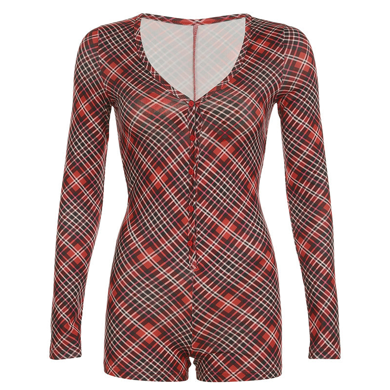 Women Clothing Christmas Printed Checks V neck Long Sleeve Romper Featured Festive Women Jumpsuit