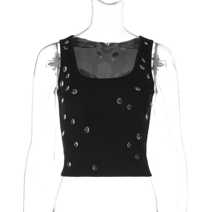 Women Clothing Winter Sexy Slim Fit Cropped U Collar Small Vest Beaded Top