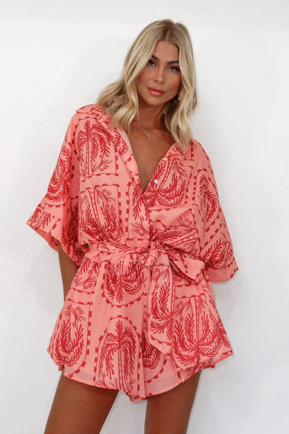 Summer Women Waist Controlled Lace up Geometric Abstract Printed Sexy Jumpsuit Amplified craft