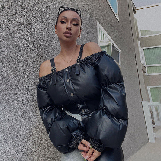 Winter Sexy Street Sexy Adjustable Shoulder Strap off Neck Puff Sleeve Waist Trimming Short Cotton Padded Jacket