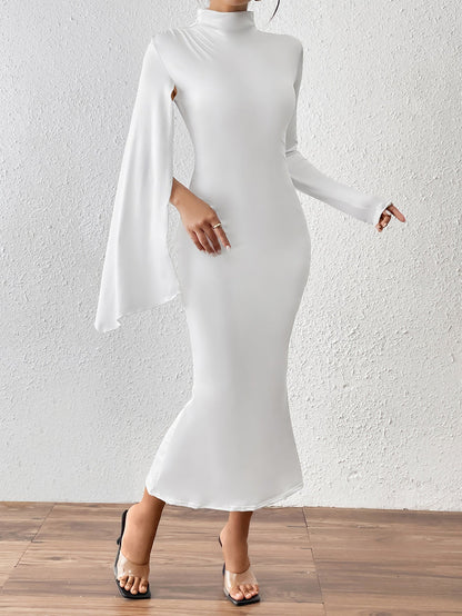 Women Dress Long Sleeve Backless Solid Color Cloak Sleeve Fishtail Slim Fit Jumpsuit