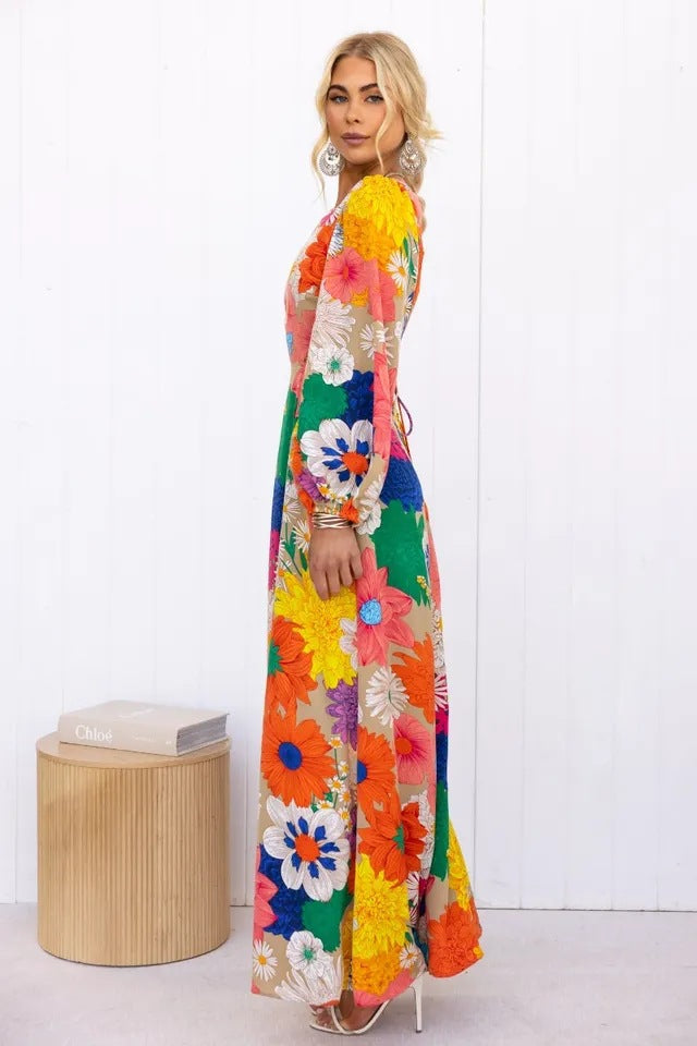 Jahre Herbst Winter Print Rundhals Laterne Ärmel Lange Taille Kleid-