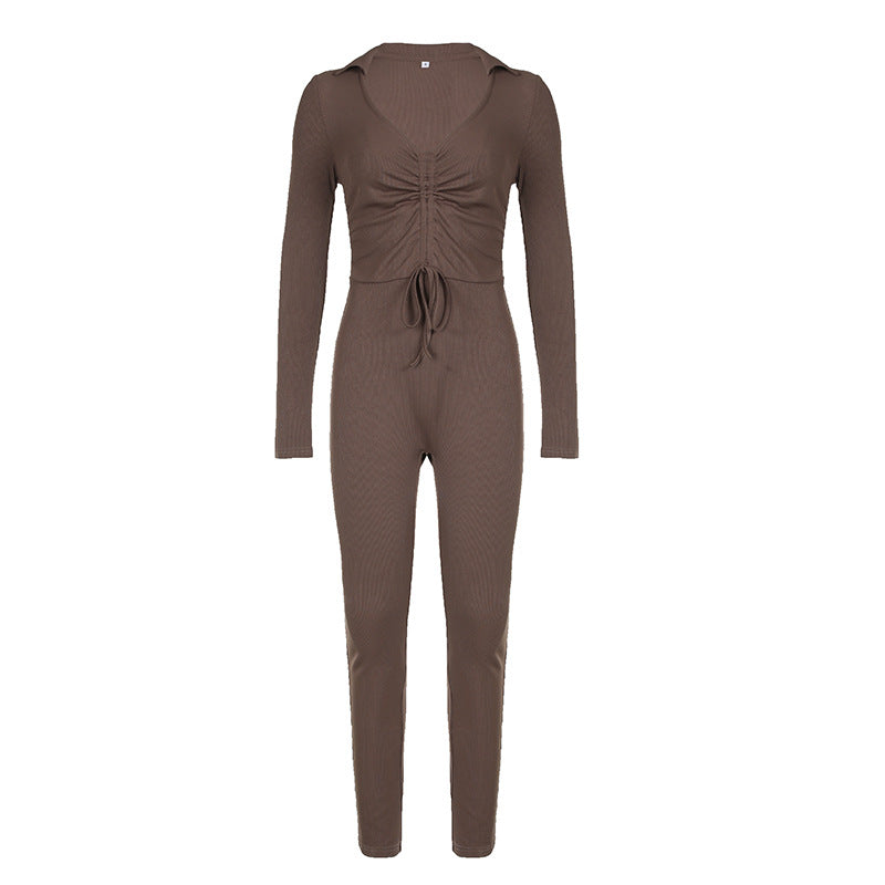 Sports Street Women Clothing Solid Color Polo Collar Pleated Drawstring Lace up Tight Long Sleeve Jumpsuit Skinny Pants