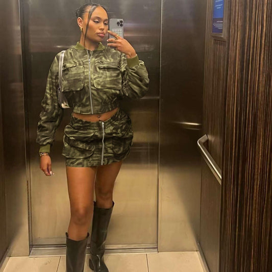 Women Streetwear Camouflage Pocket Zipper Elastic Short Jacket Workwear Skirt Woven Long Sleeve Two Piece Sets