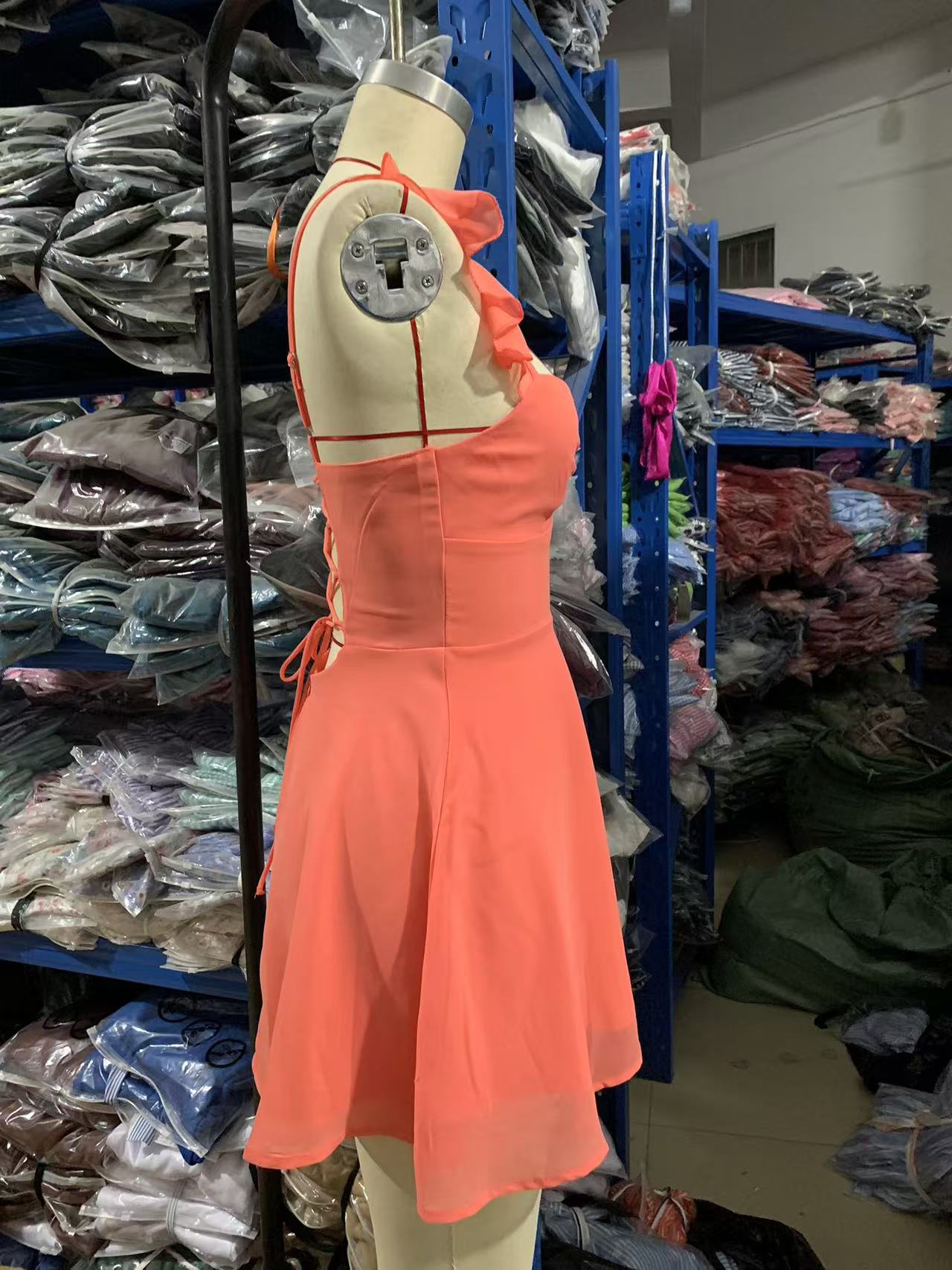 Spring Women Clothing Solid Color Chiffon Backless Thin Belt Dress Office