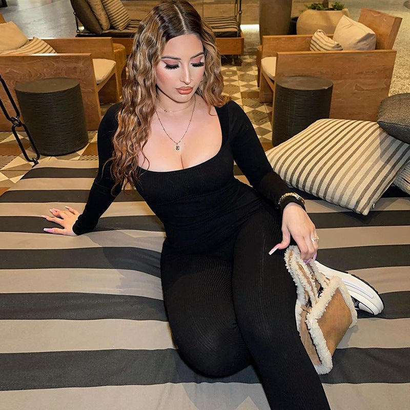 Women Clothing Winter Sexy Backless Lace up Slim Long Sleeve Jumpsuit Women