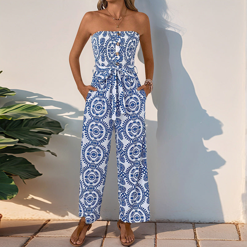 Woomen Summer Jumpsuit Elastic Waist Printed Sleeveless Jumpsuit