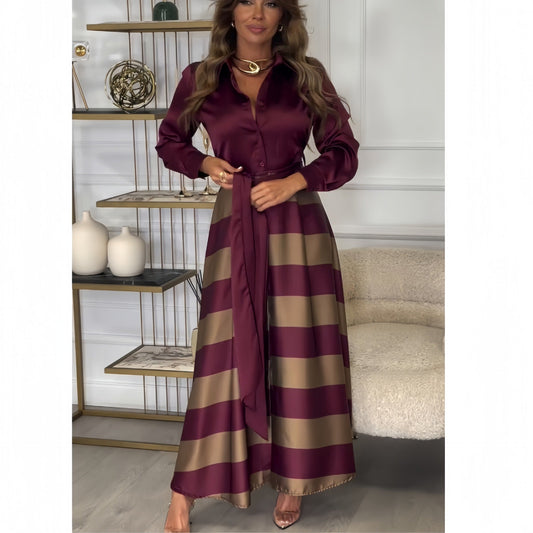 Women Clothing Autumn Faux Two Piece Long Sleeve Shirt Top Lace up Striped Dress