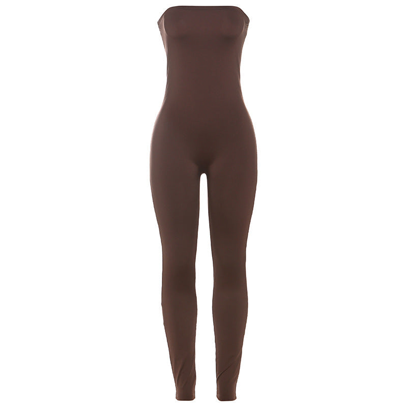 Autumn Winter Sexy Slim Fit Tube Top Backless Tight Fitting Solid Color Sports Trousers Jumpsuit