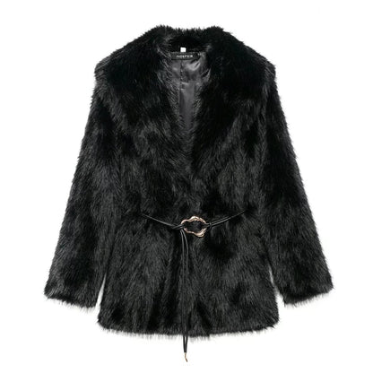 Women Clothing Winter Artificial Fur Effect with Belt Mid Length Fur Coat