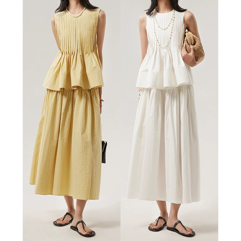 Woolen Cotton Tucker Pleats Sleeveless Bud Top Mid-length Dress Set