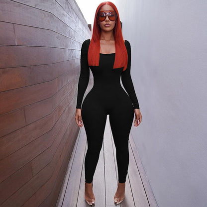 Women Clothing Winter Sexy Backless Lace up Slim Long Sleeve Jumpsuit Women