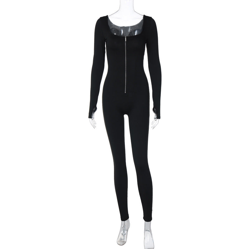 Women Clothing Winter Street Shooting Slim Fit Zipper Long Sleeve Jumpsuit
