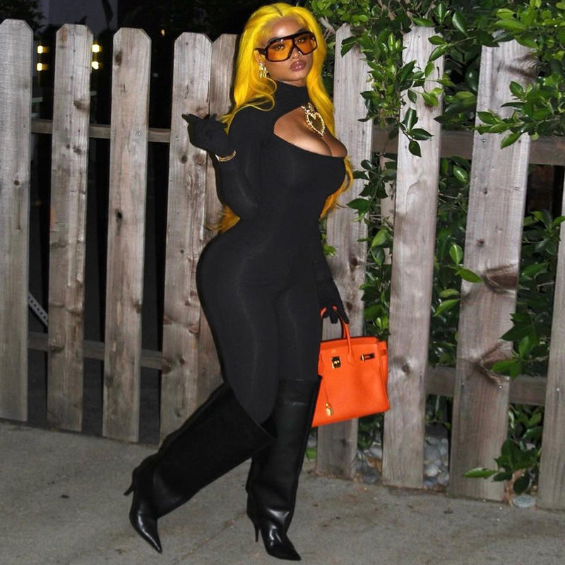 Women Clothing Autumn Sexy Cutout Finger Stall Slim Solid Color Jumpsuit