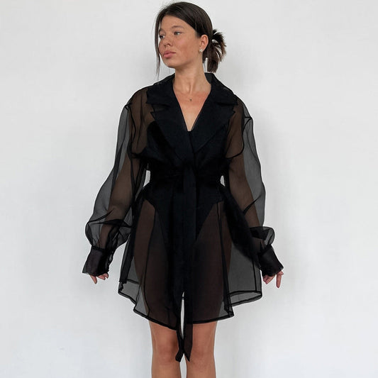 Spring Summer Thin Pajamas Sexy Mesh Long Sleeve Nightgown Lace up Ladies Homewear