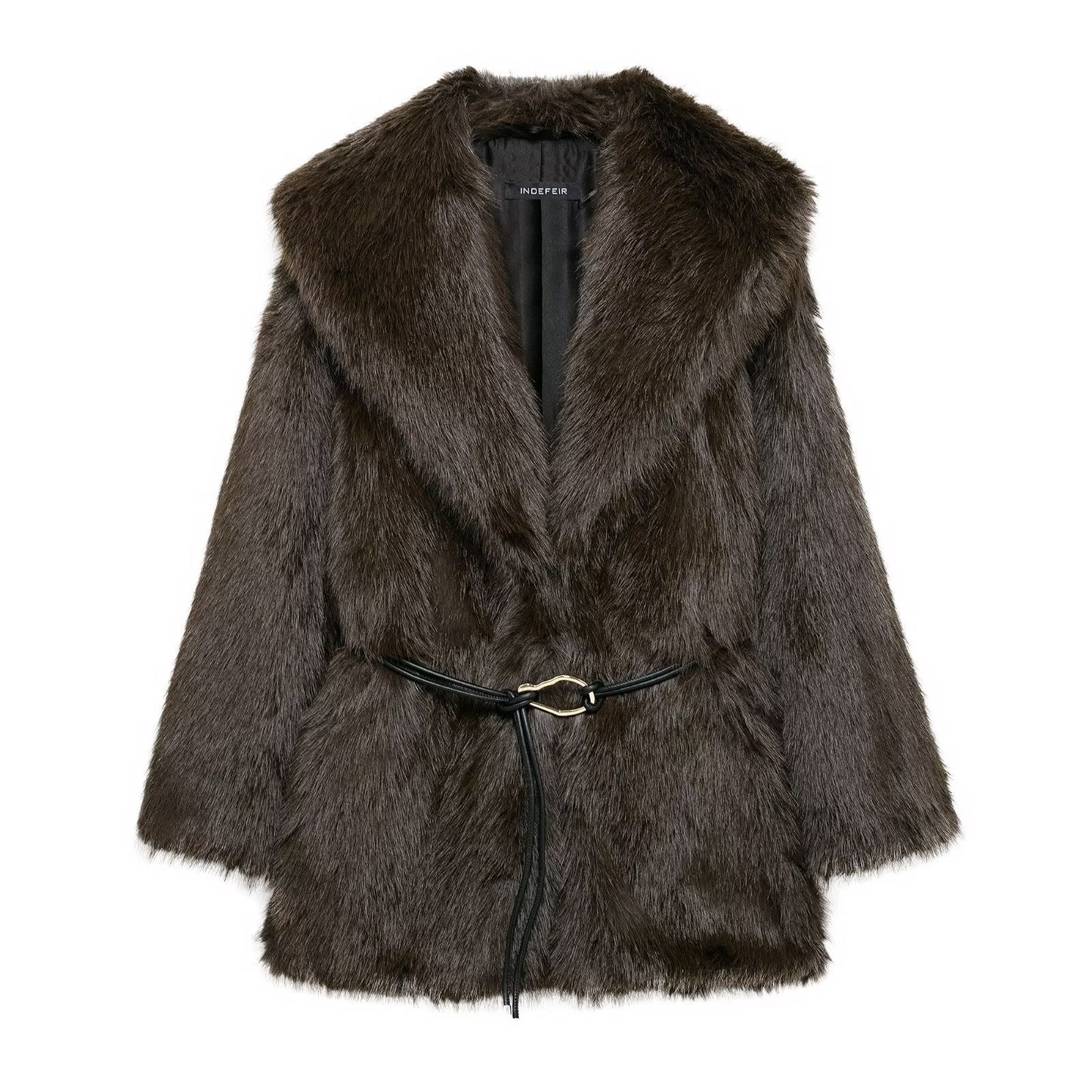 Women Clothing Winter Artificial Fur Effect with Belt Mid Length Fur Coat