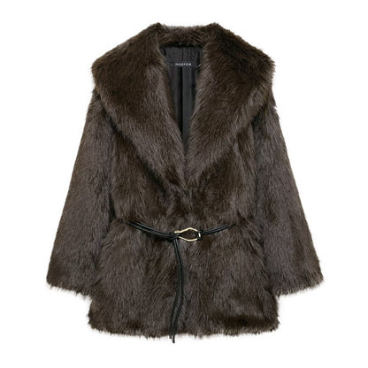 Women Clothing Winter Artificial Fur Effect with Belt Mid Length Fur Coat