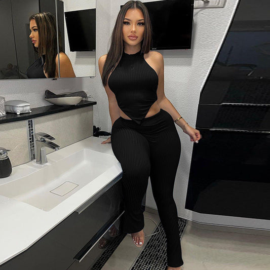 Women Clothing Winter Sexy Backless Tube Top Slim Solid Color Trousers Suit