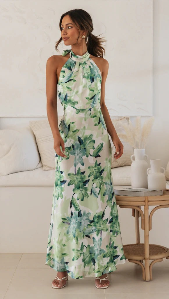 Jahre Sexy Frauen Persönlichkeit Bandage Neckholder Schnürung Rückenfrei Print Maxikleid