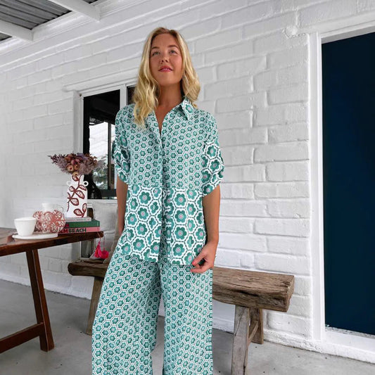 Women Printing Stitching Casual Shirt Two Piece Pant Set
