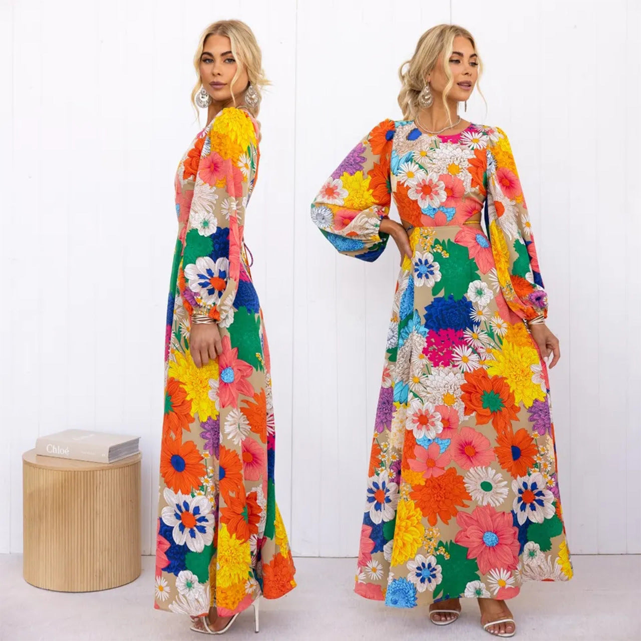 Jahre Herbst Winter Print Rundhals Laterne Ärmel Lange Taille Kleid-