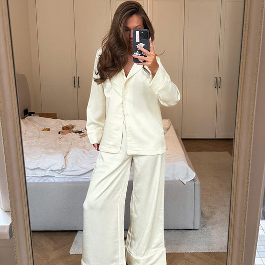 Winter Pajamas Satin Long Sleeve Trousers Two Piece Casual Skin Friendly Home Wear for Women