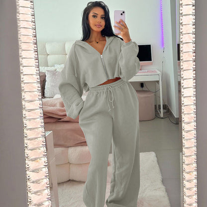 Women Clothing Autumn Winter Zipper Hooded Cropped Top Slim Casual Trousers Two Piece Sets
