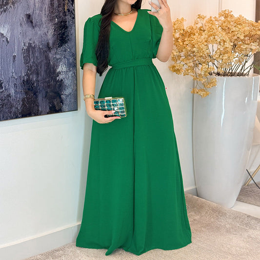 Fortschrittliches einfarbiges grünes Kreis-V-Ausschnitt-Kleid, schlankmachendes, hoch tailliertes, elegantes Kleid mit geteilten Ärmeln