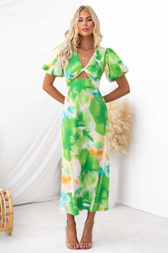 Jahr Blase Ärmel Maxi Kleid Sexy Print V ausschnitt Aushöhlen Cutout Frauen Kleidung