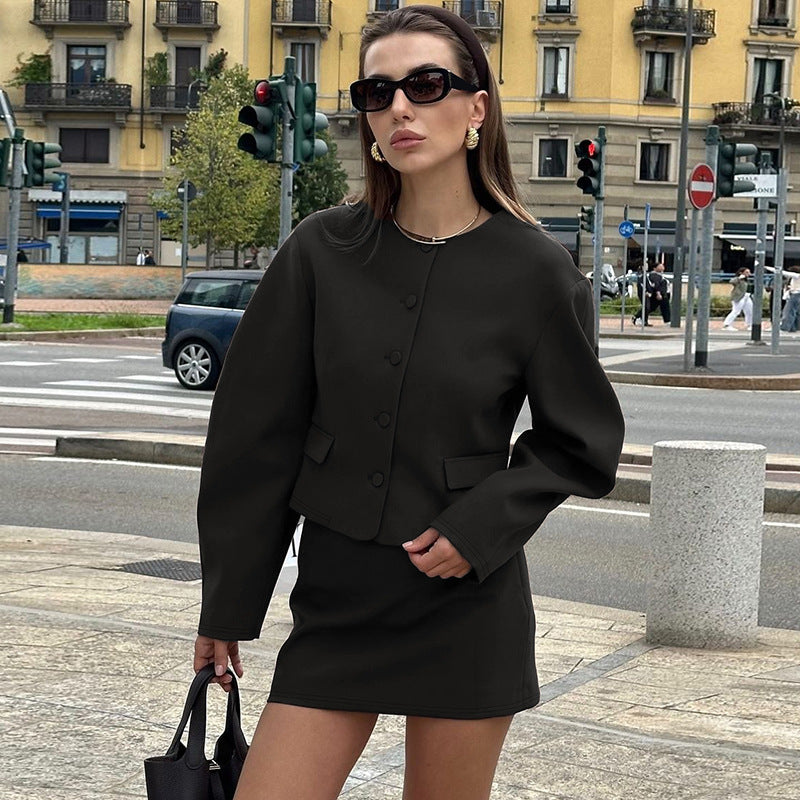 Women Clothing Autumn Winter Street Shooting Cardigan Button Long Sleeve Top Slim Fit Skirt Set