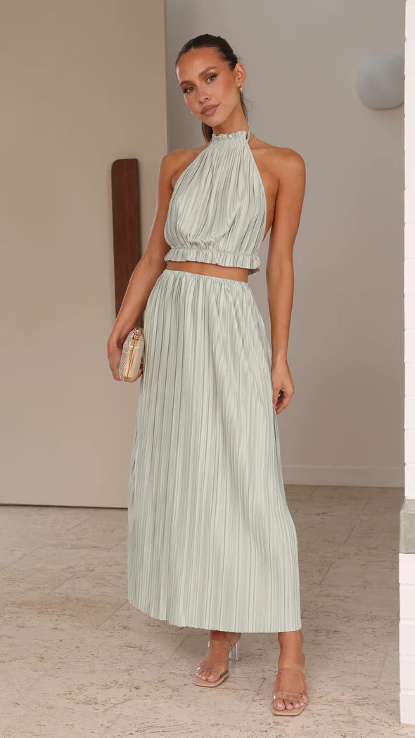 Jahr Sexy Neckholder Rückenfrei Sexy Schnürung Anzug Plissee Kleid