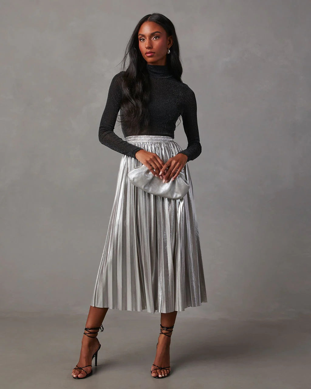 Skirt Autumn Winter Metallic Coated Fabric High Waist A line Mid Length Metal Pleated Skirt